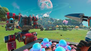 Lightyear Frontier - a players stands in a farm plot of berries near a red mech