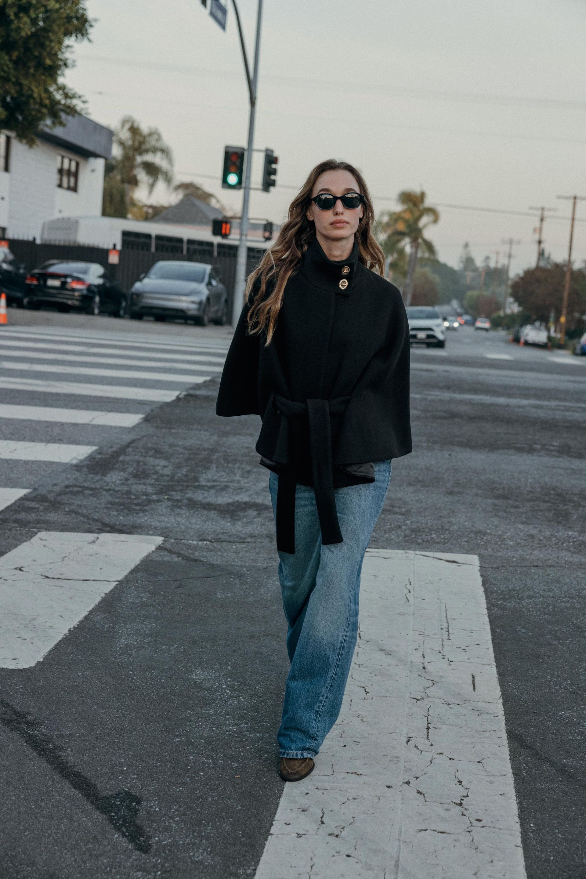 Short Wool Coat With Cape Sleeves and Belt