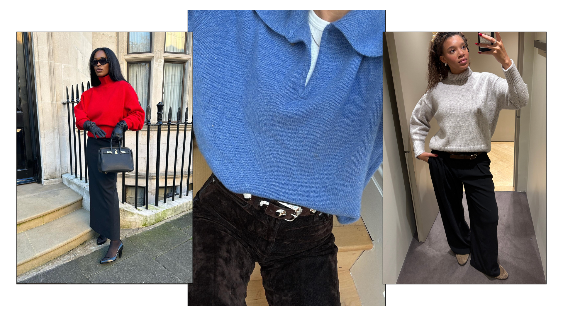 Three fashion people wear COS expensive looking knitwear. 