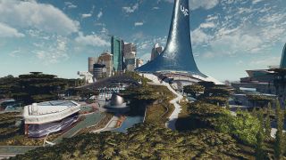 This is a screenshot from the space role playing game Starfield. Here we see a futurist city with lots of tall skyscrapers. The main focal building is shaped like a giant fin with the letters UC. In the foreground there it a serene pond and green shrubbery. The sky is bright blue dotted with white clouds.