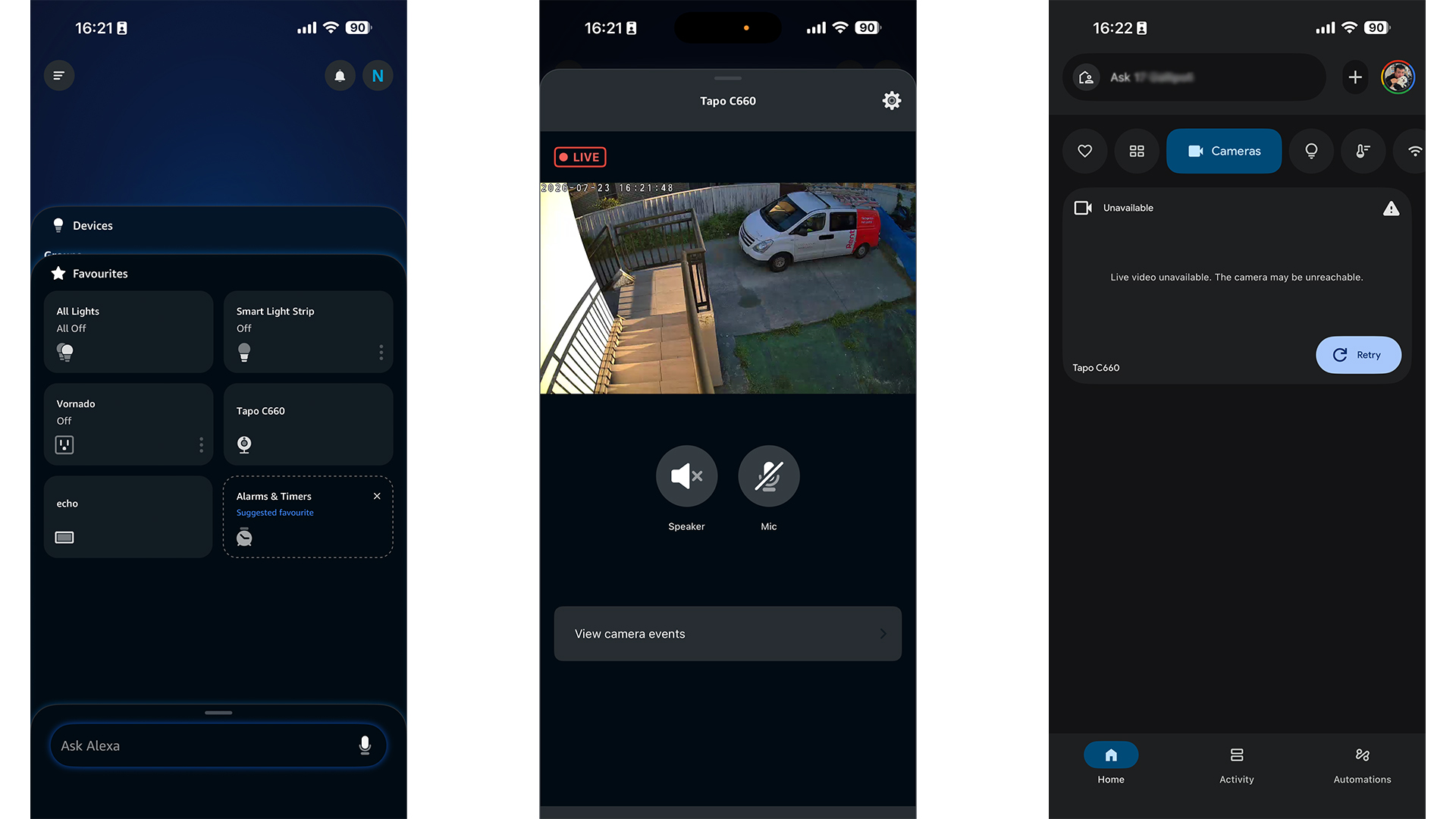 Screenshots of the Amazon Alexa and Google Home apps showing the Tapo C660 Kit security camera feed