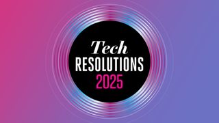 A logo for tech resolutions on a pink and purple background