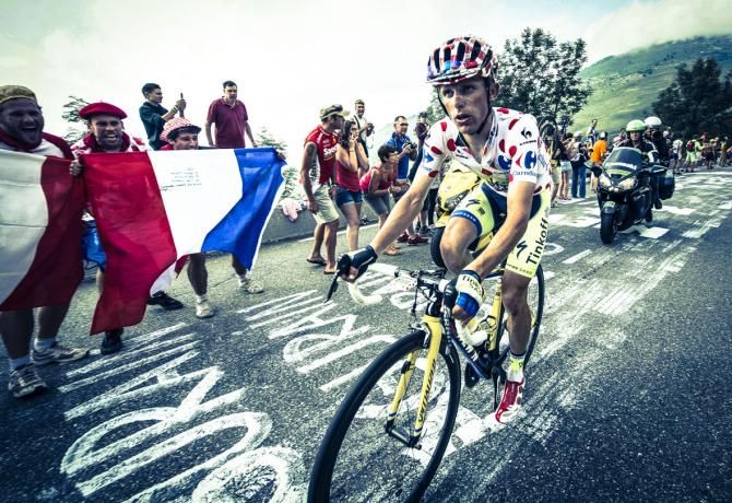 Rafal Majka in the Mountain leader's polkadot jersey climbs the final kilometres of the Hautacam to come third in the stage
