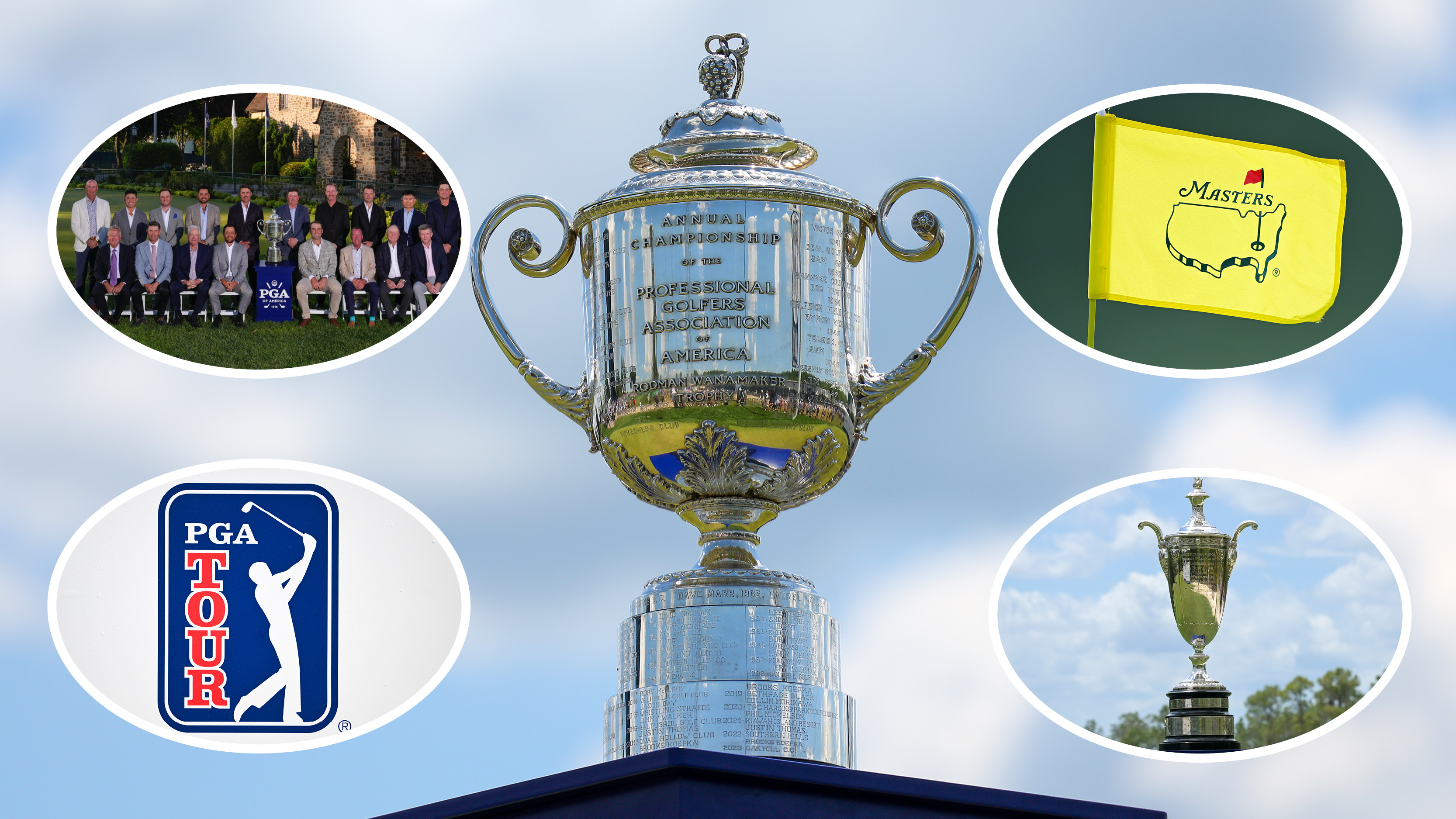 The Wanamaker Trophy and four inset photos of the PGA Champions dinner, a PGA Tour logo, a yellow Masters flag and the Senior PGA Championship trophy