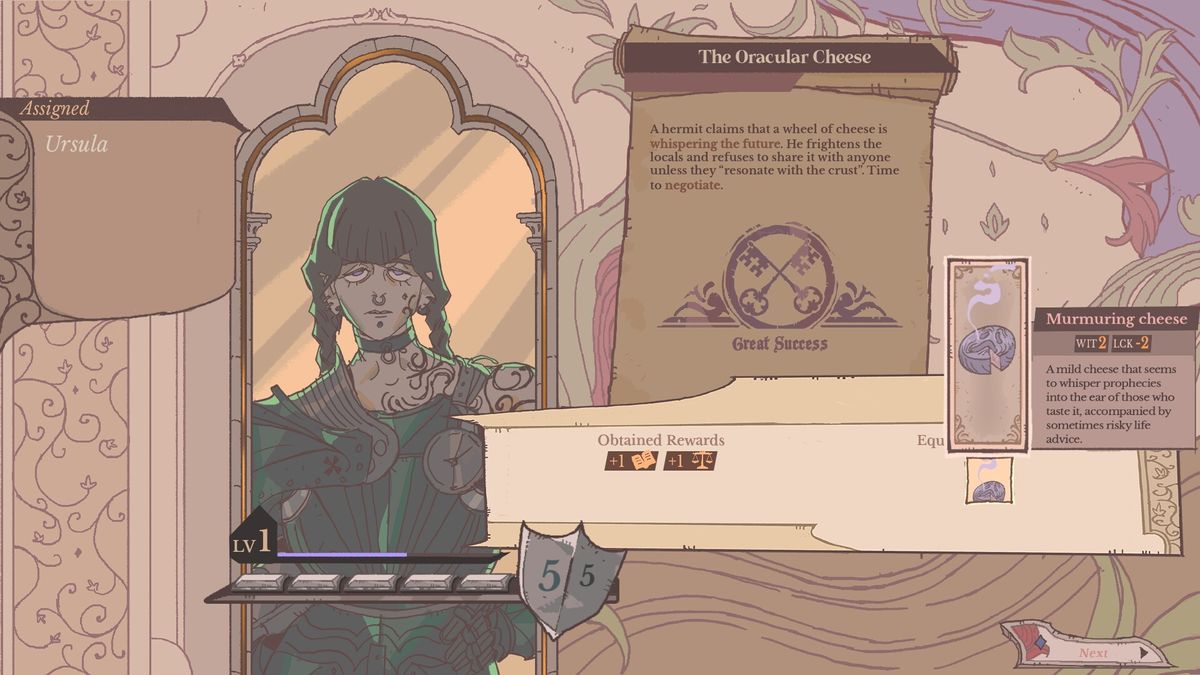 Reading the summery of a knight's quest log.