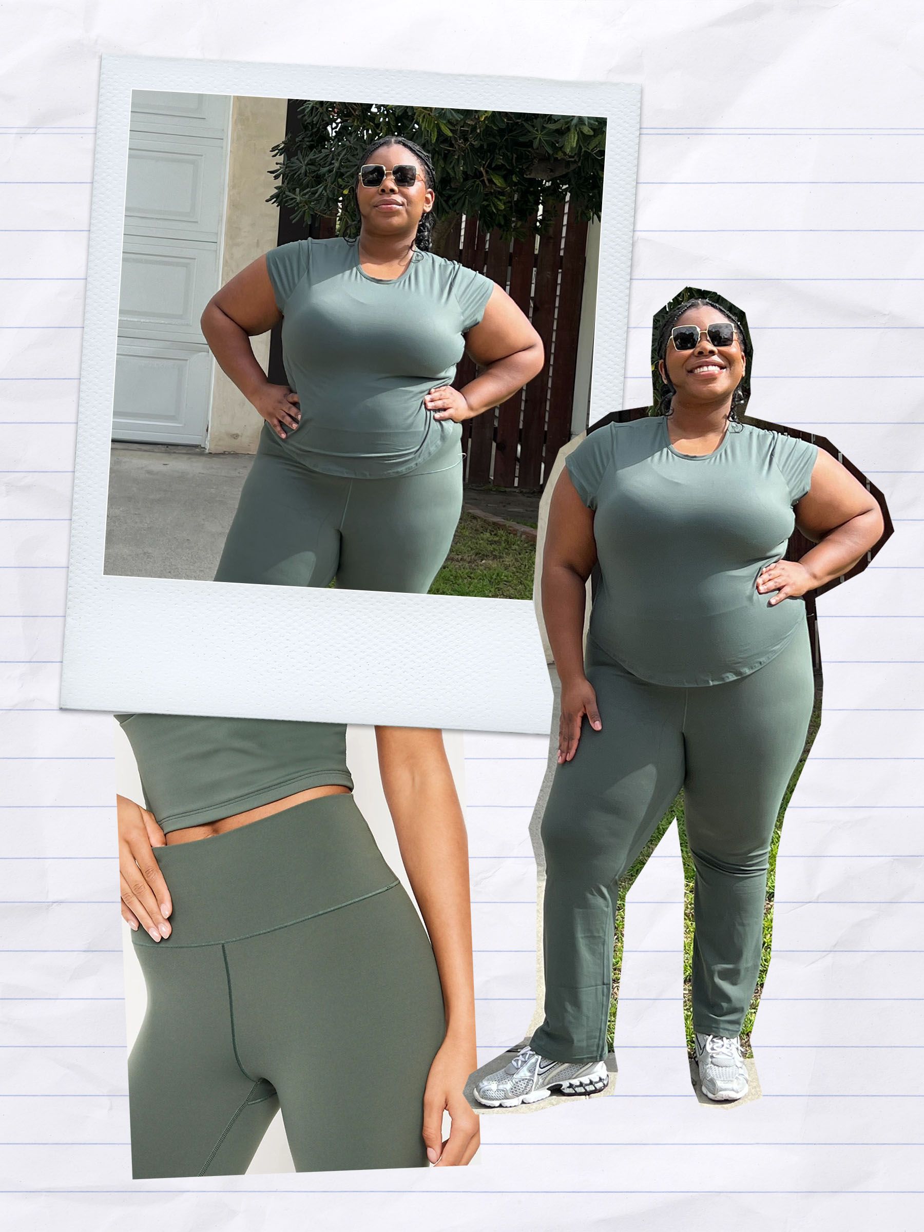 Pictured is a collage featuring images of chichi wearing Old Navy activewear sets, along with model e-commerce images of the products from the brand website.