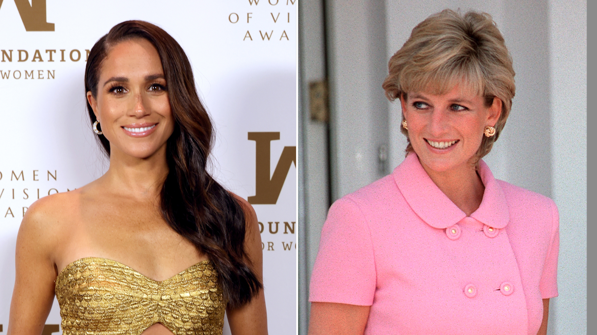 Princess Diana wears a bright pink skirt suit and Meghan Markle wears a gold cut-out dress