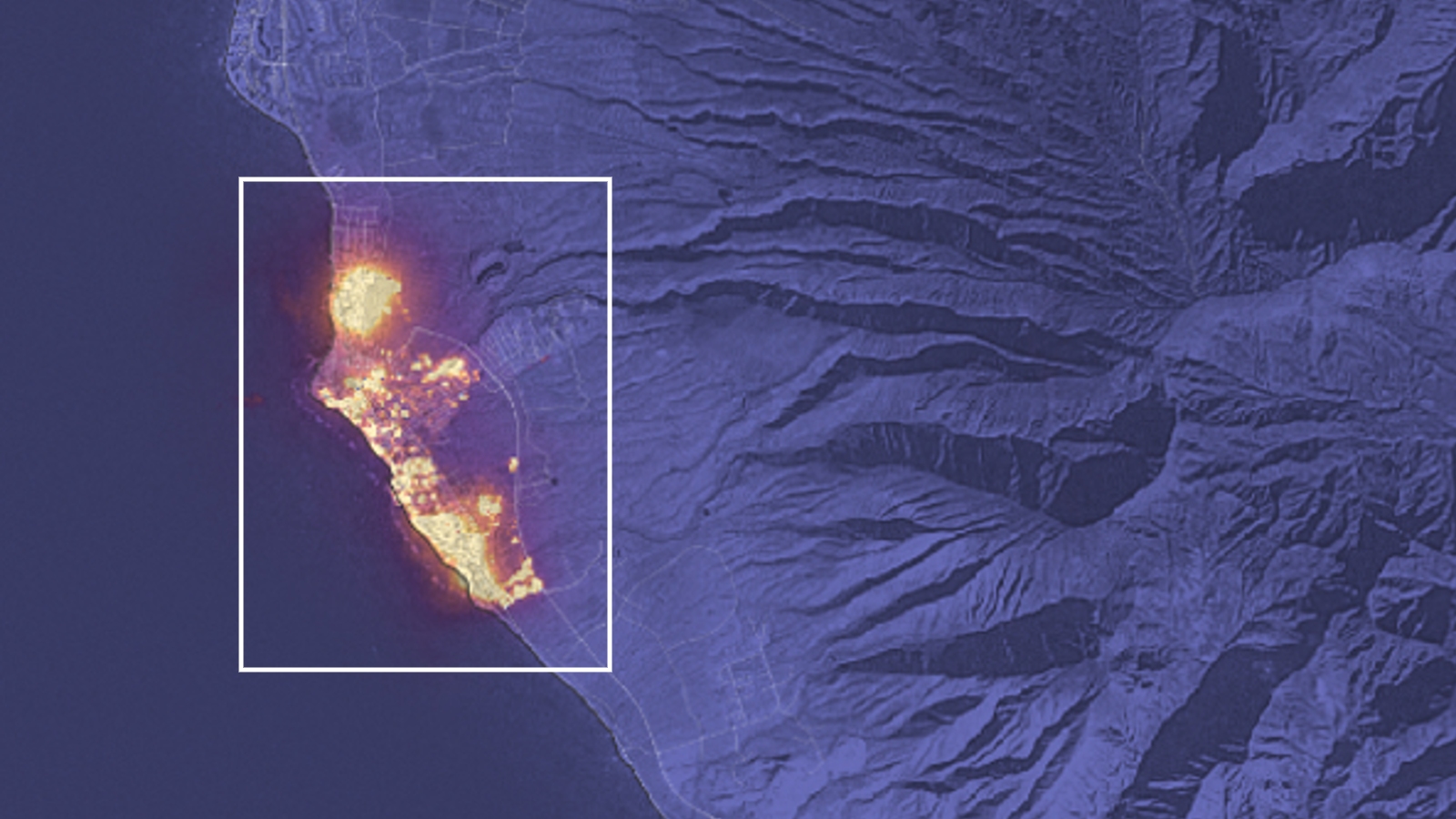 a map of Maui with Lahaina highlighted y a white box. A majority of the town is covered in flames.