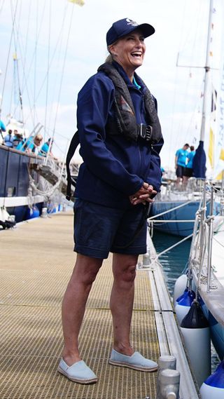 The Duchess of Edinburgh speaks to boat crews at Guernsey harbour