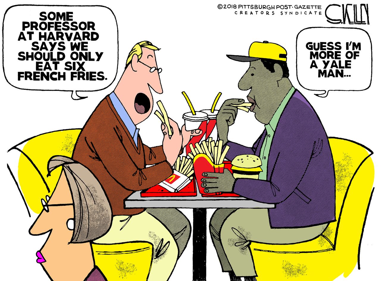 Editorial cartoon U.S. Harvard professor 6 french fries serving size Yale man