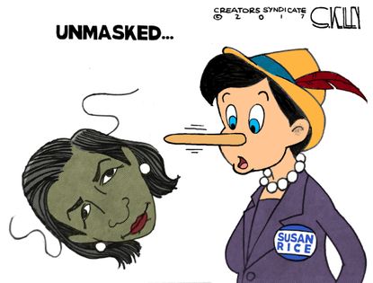 Political Cartoon U.S. Susan Rice Pinocchio lies Trump unmasking