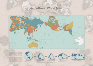 AuthaGraph world map with proportional sea and continents, showing how it can be folded from tetrahedrons