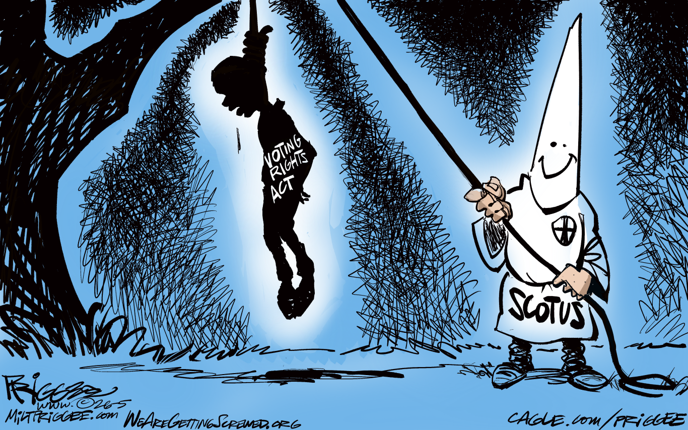 A Klansman in a white robe labeled "SCOTUS" smiles as he hangs a black man labeled "Voting Rights Act" from a tree.