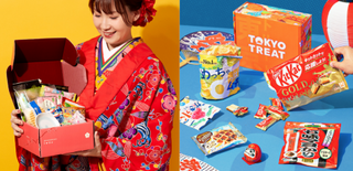 A woman in a red kimono holds an open Tokyo Treat box filled with snacks and candy like KitKats