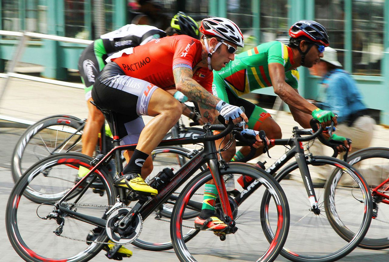 Adam Myerson (Astellas Cycling Team) maneuvers through the very technical course.