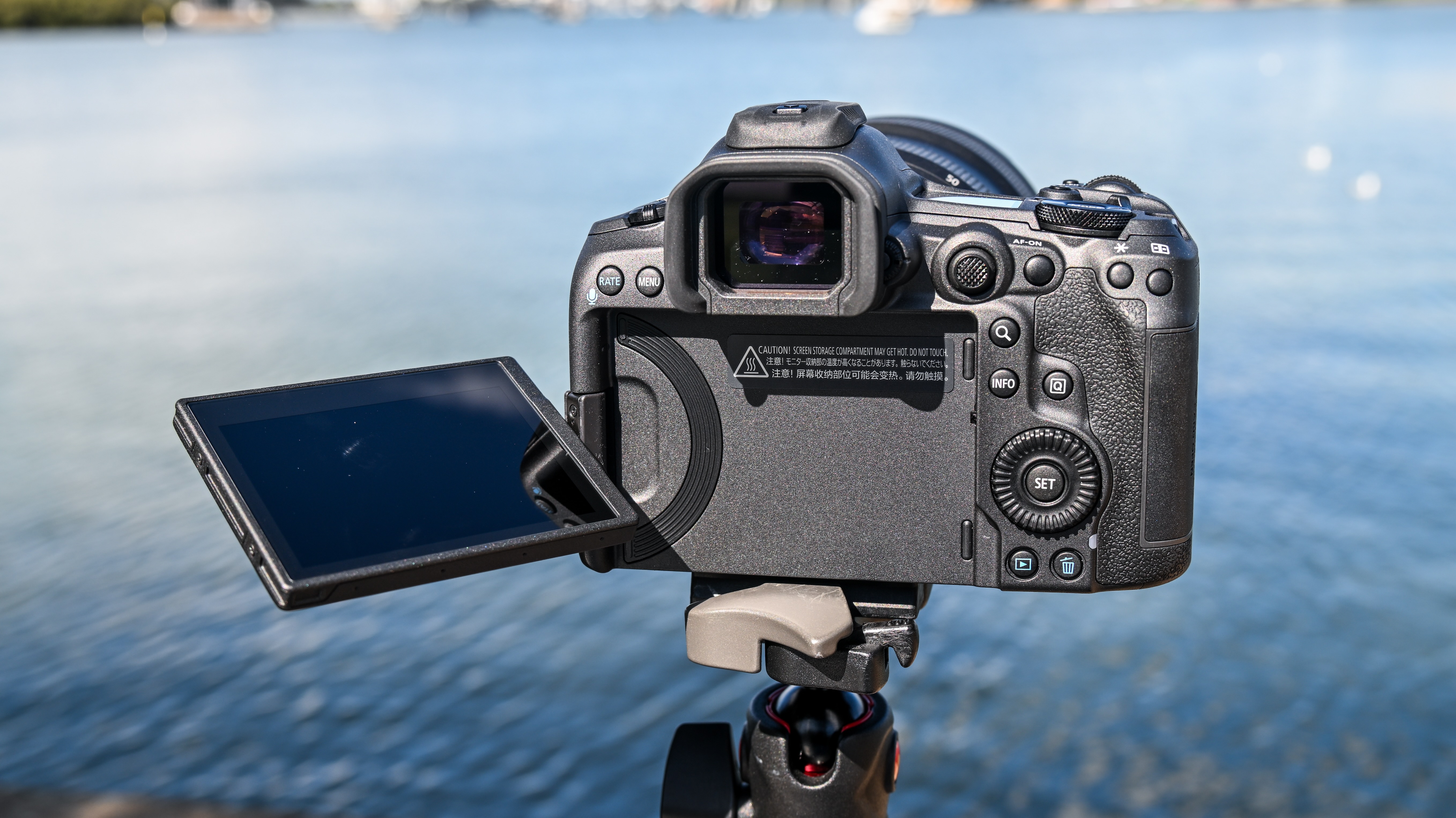 The rear of the Canon EOS R5 Mark II with the LCD display set at an angle