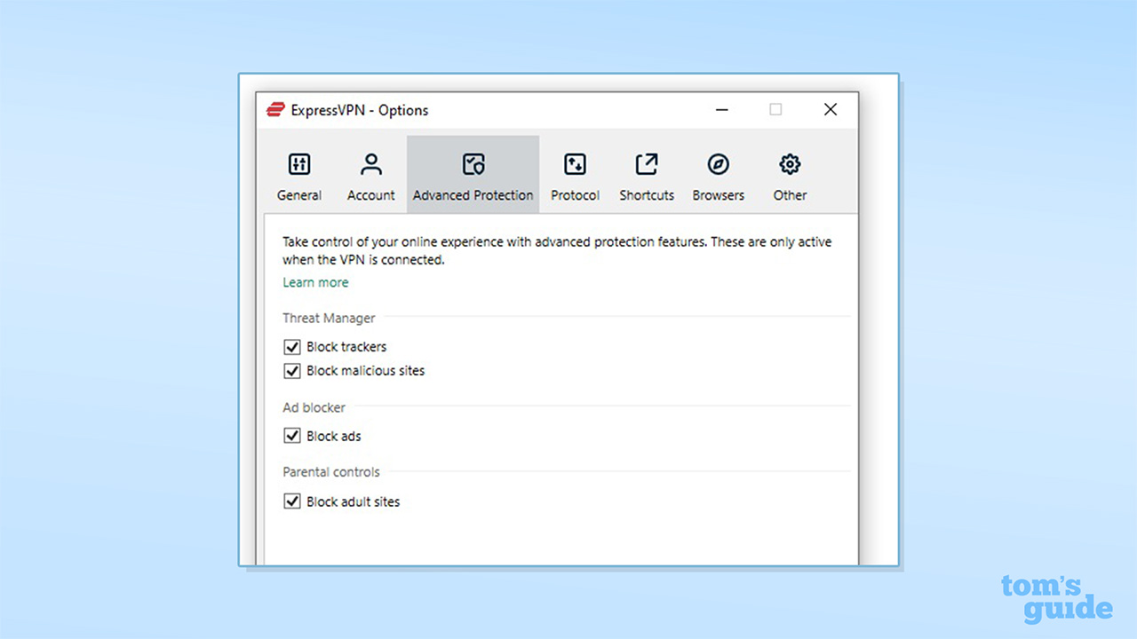 The settings for ExpressVPN&#039;s Threat Manager feature