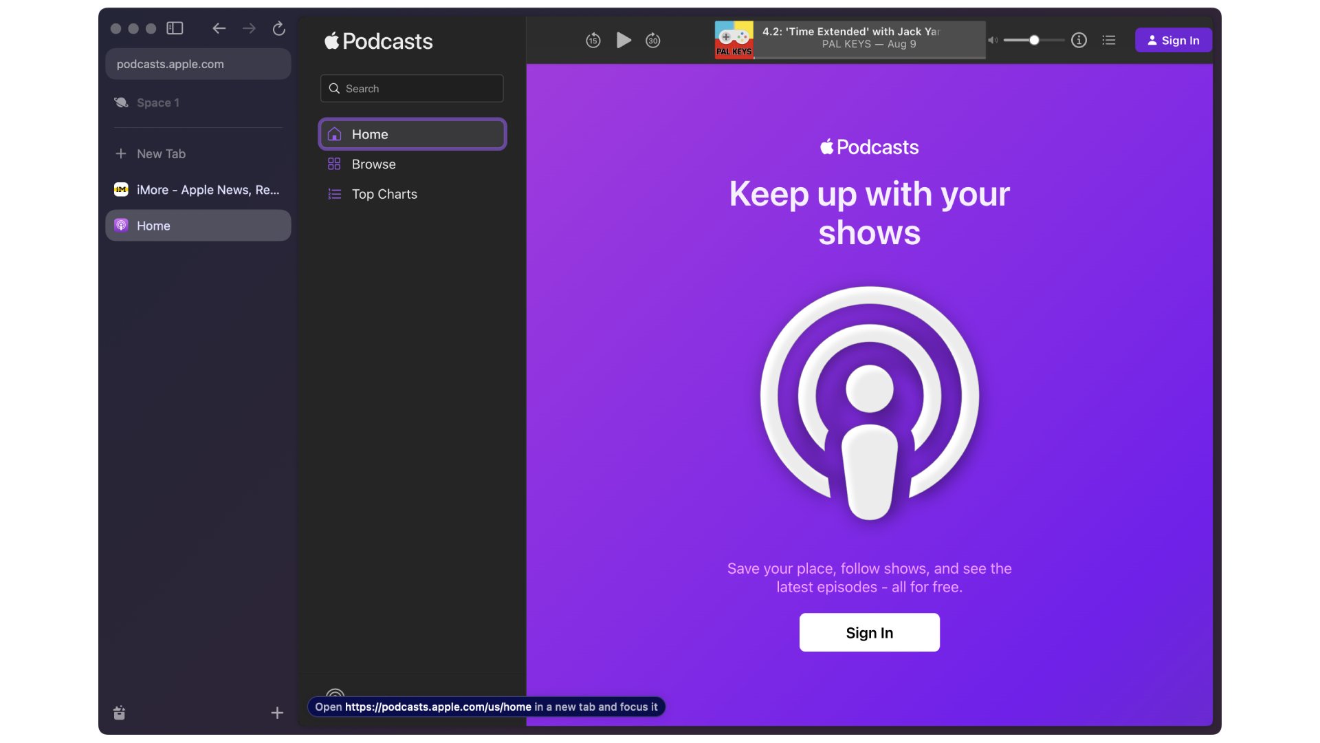 Apple Podcasts web app on Arc web browser