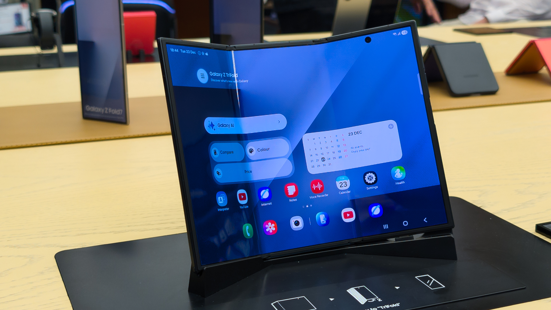 Samsung Galaxy Z TriFold on display at a Samsung store in Dubai Hills Mall, Dubai, UAE.