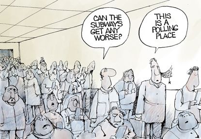Political cartoon U.S. overcrowded subway polling line vote midterm election