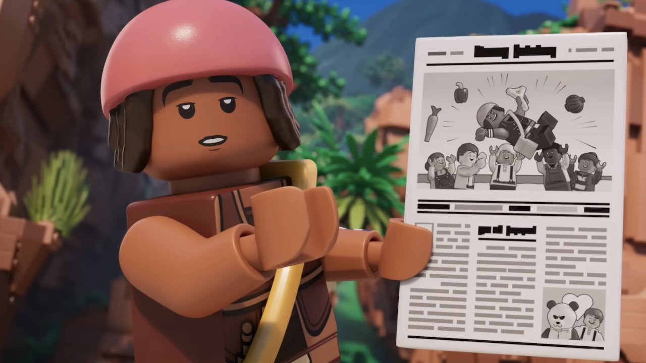Captain Usopp holding newspaper article in One Piece LEGO Special