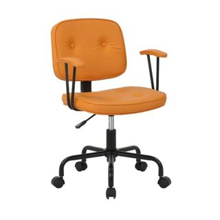 An orange office chair with orange and black armrests