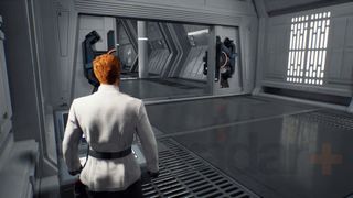 Star Wars Jedi Survivor Nova Garon Cal in an ISB uniform unlocking a door using a terminal