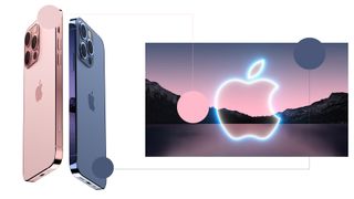 A photo of two fan rendered iPhone 13's being compared to the Apple Invite background. 