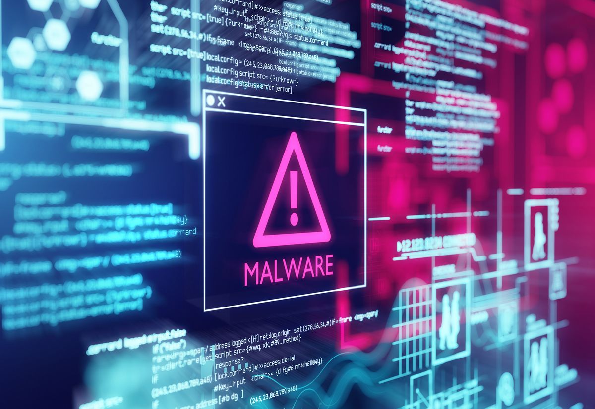 Malware concept art showing alert symbol with &#039;malware&#039; notification on a digital interface