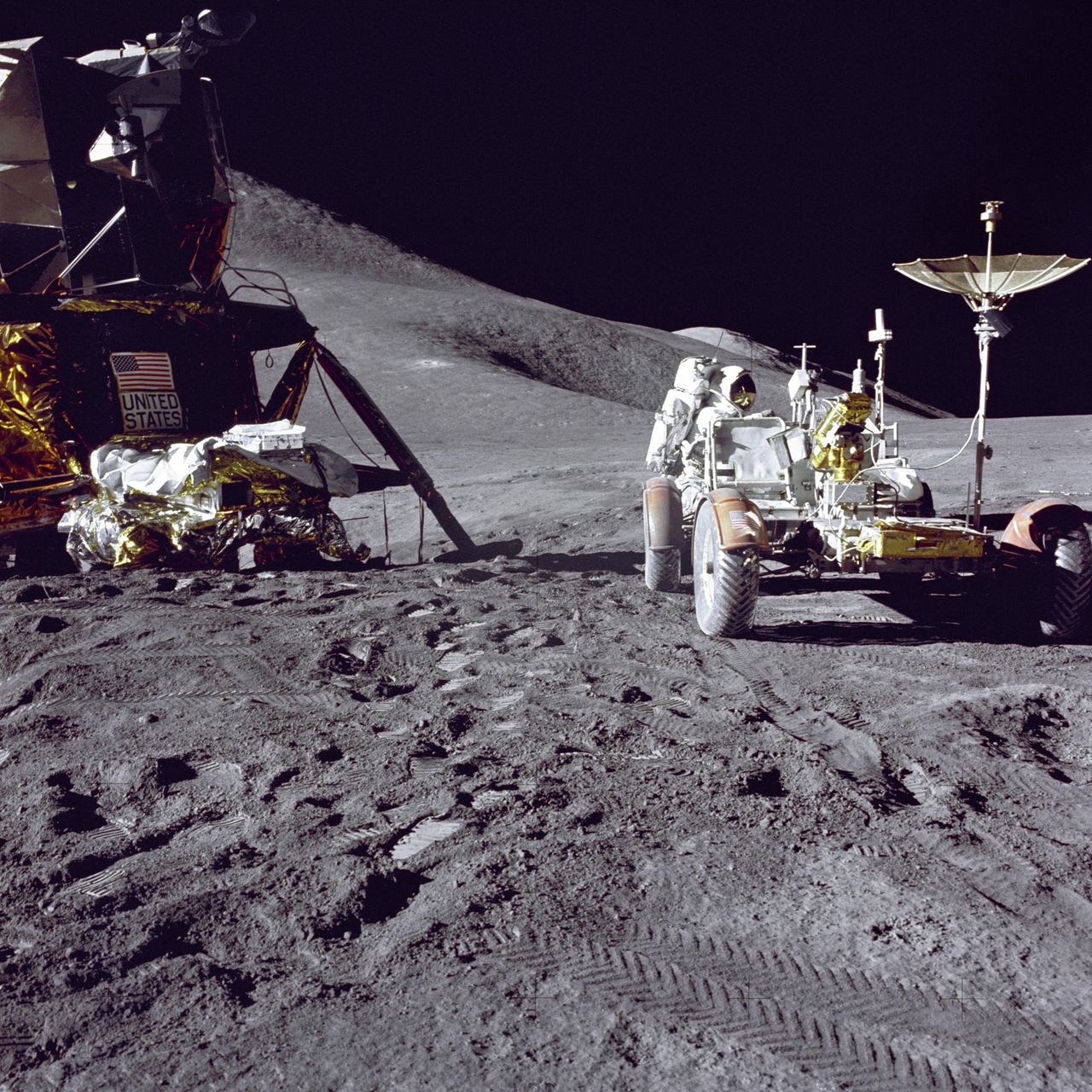 Apollo 15 launched 40 years ago this week on July 26, 1971. In this photograph, Apollo 15 lunar module pilot Jim Irwin loads the lunar rover with gear in preparation for the first lunar spacewalk at the Hadley-Apennine landing site. The lunar module Falconstands at the left in this image. The undeployed Laser Ranging Retro-Reflector lies on top of Falcon's Modular Equipment Stowage Assembly.