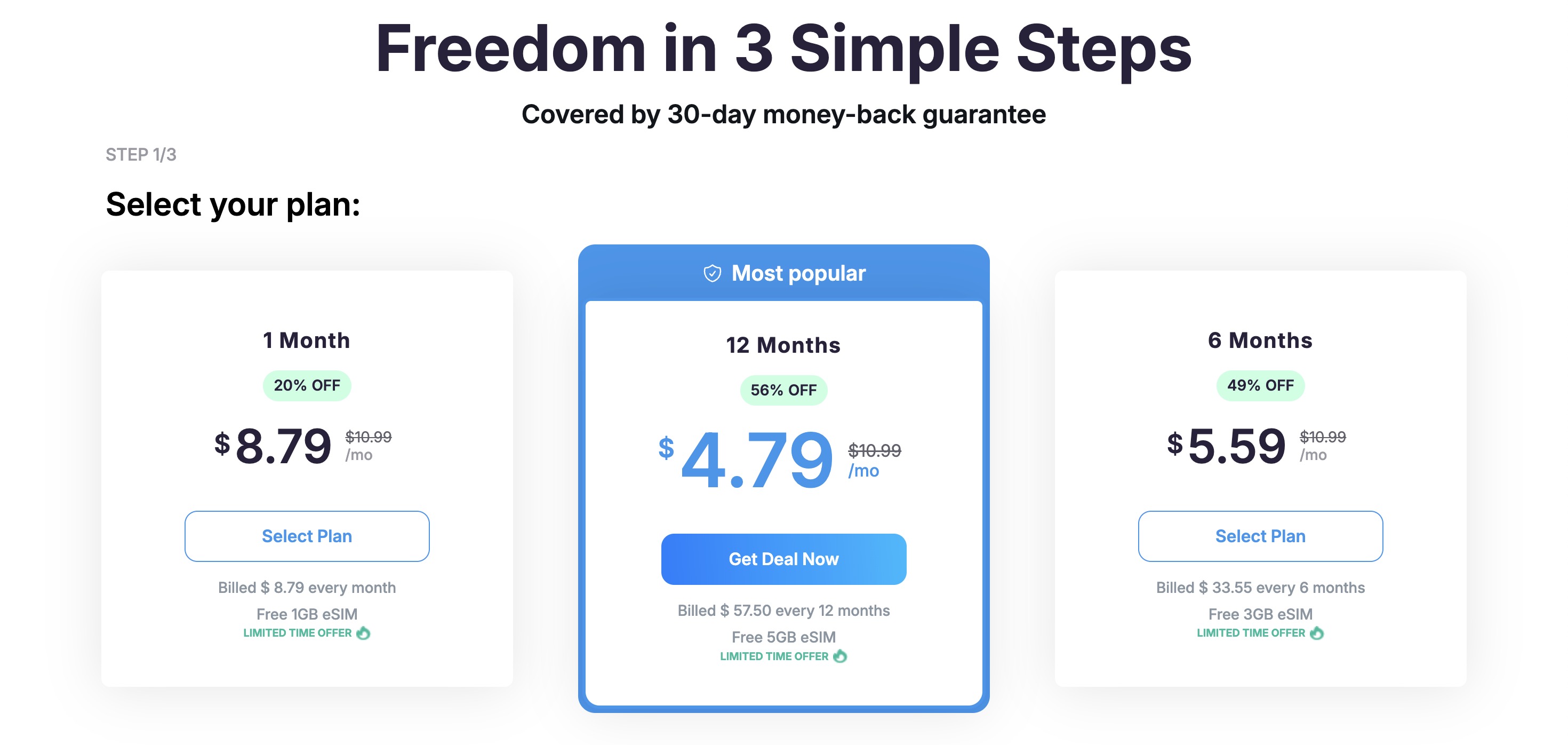 VPN Super Unlimited pricing for one month, six month, and 12 month plans