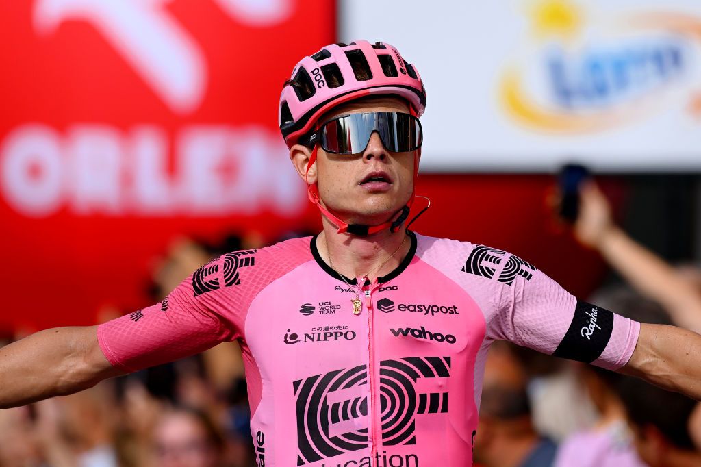 BIELSKOBIALA POLAND AUGUST 02 Marijn Van Den Berg of The Netherlands and Team EF EducationEasyPost celebrates at finish line as stage winner during the 80th Tour de Pologne 2023 Stage 5 a 1988km stage from Pszczyna to BielskoBiala 430m UCIWT on August 02 2023 in BielskoBiala Poland Photo by Dario BelingheriGetty Images