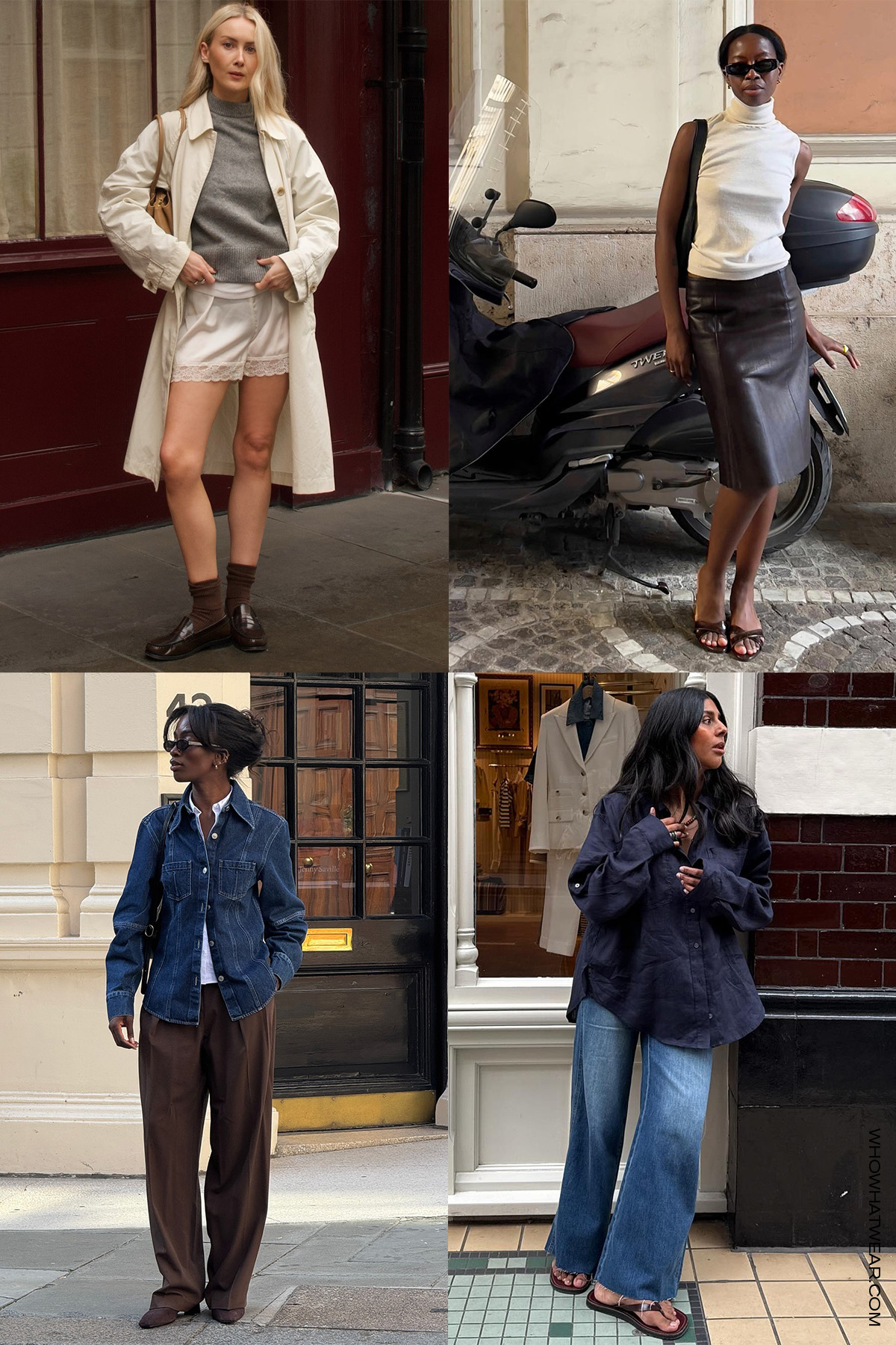 shoe color trends for fall 2025, specifically chocolate brown, in a collage of women&#039;s outfits. On the top left, a woman wears a white trench coat, gray turtleneck, silk shorts, and chocolate brown loafers; on the top right, a woman wears a white turtleneck, brown leather skirt, and brown heeled mules; on the bottom left a woman wears a blue navy button-down, wide-leg jeans, and brown flip-flops; on the bottom right, a woman is wearing a denim jacket over a white button-down, brown wide-leg pants, and brown suede heels