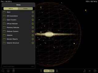 The views menu allows you to display all objects in a category — or open the containing folder to select specialized sub-categories, such as Emission Nebulae only. Tapping the information icon at right opens a clearly written description of each category. Additional features, such as the galaxy's dark matter halo, can be overlain on the display.