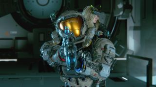 Pragmata weapons: Hugh aiming his Grip Gun pistol at the camera, with Diana on his back, looking to the right.