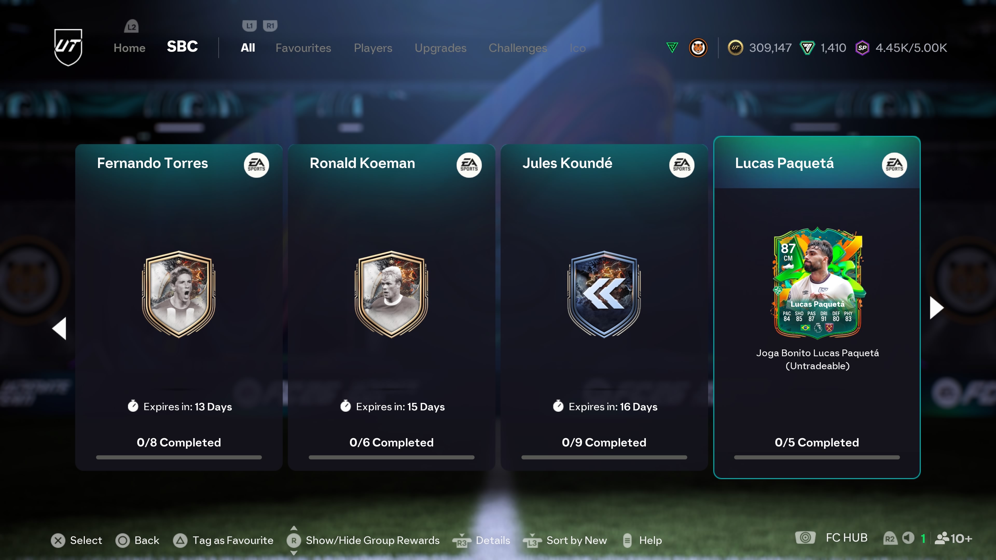 A selection of FC 26 SBCs including Lucas Paqueta