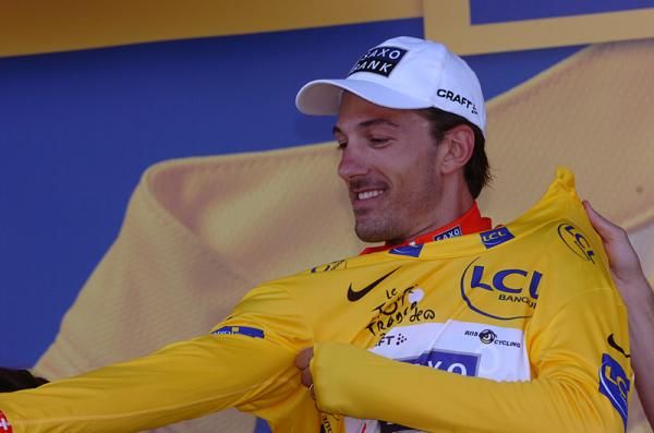 Fabian Cancellara happily dons yellow after stage 4.