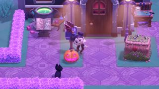 Moonlight Peaks - a small vampire poses by a jack-o-lantern in front of their spooky castle and cauldron