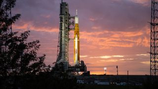 NASA's Artemis 1 moon rocket stands atop Launch Pad 39B during sunrise in this photo taken March 23, 2022.