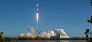 A SpaceX Falcon 9 rocket launches 114 small satellites on the Transporter-6 mission on Jan. 3, 2022.