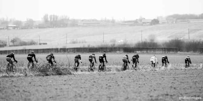 Two Sky riders on the front in a cold edition of Gent-Wevelgem