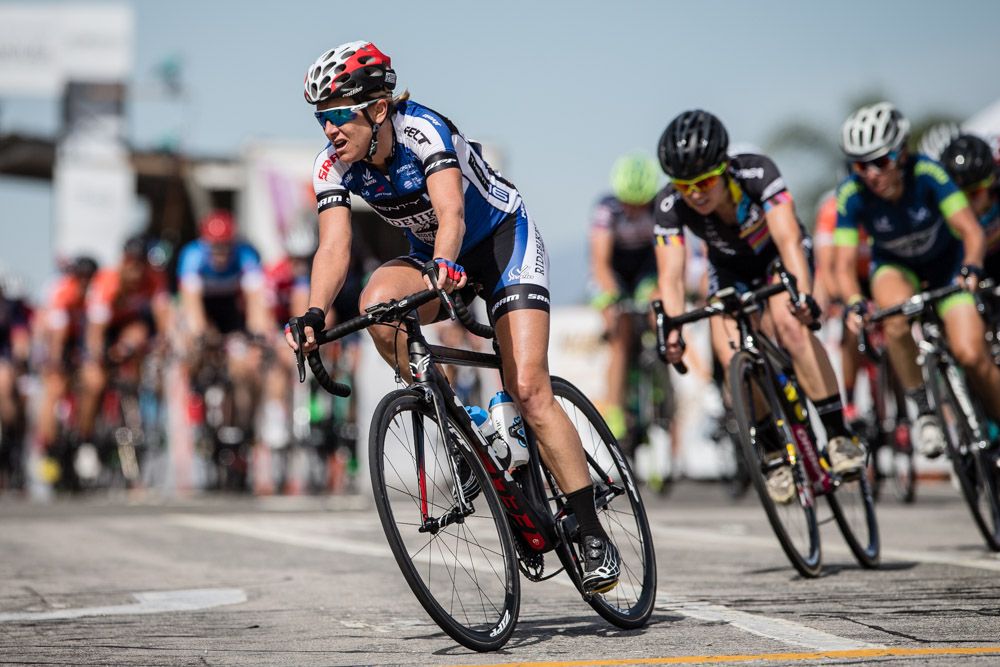 Kristin Armstrong (Twenty 16) leads over the climb