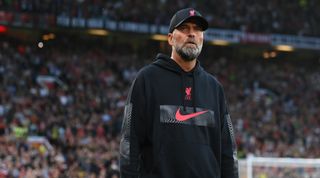 Liverpool manager Jurgen Klopp looks on during the Premier League match between Manchester United and Liverpool FC at Old Trafford on August 22, 2022 in Manchester, England.