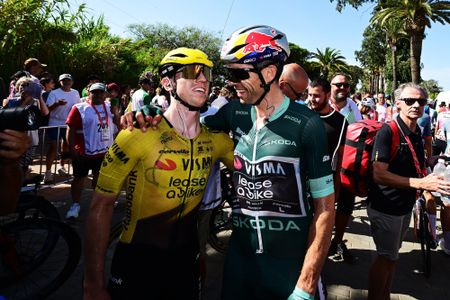 PALOS DE LA FRONTERA, SPAIN - SEPTEMBER 08: (L-R) Stage winner Matthew Brennan of Great Britain and Wout Van Aert of Belgium and Team Visma | Lease a Bike - Green points jersey react after the La Vuelta - 81st Tour of Spain 2026, Stage 16 a 181.1km stage from Cortegana to Monasterio de La Rabida - Palos de la Frontera / #UCIWT / on September 08, 2026 in Palos de la Frontera, Spain. (Photo by Tim de Waele/Getty Images)