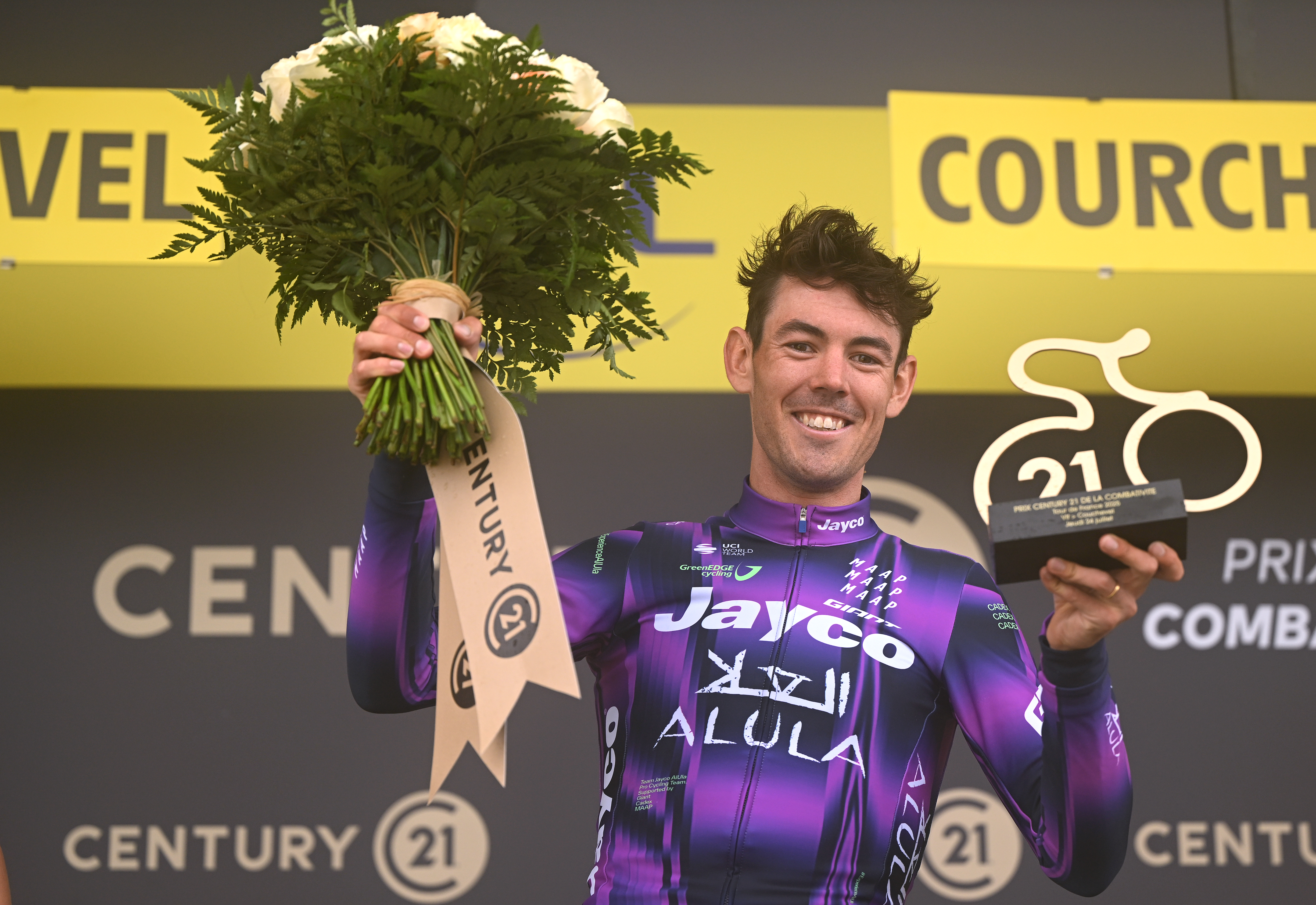 COURCHEVEL - COL DE LA LOZE, FRANCE - JULY 24: Ben O&amp;amp;apos;Connor of Australia and Team Jayco AlUla celebrates at podium as stage winner during the 112th Tour de France 2025, Stage 18 a 171.5km stage from Vif to Courchevel - Col de la Loze 2298m / #UCIWT / on July 24, 2025 in Courchevel - Col de la Loze, France. (Photo by Dario Belingheri/Getty Images)