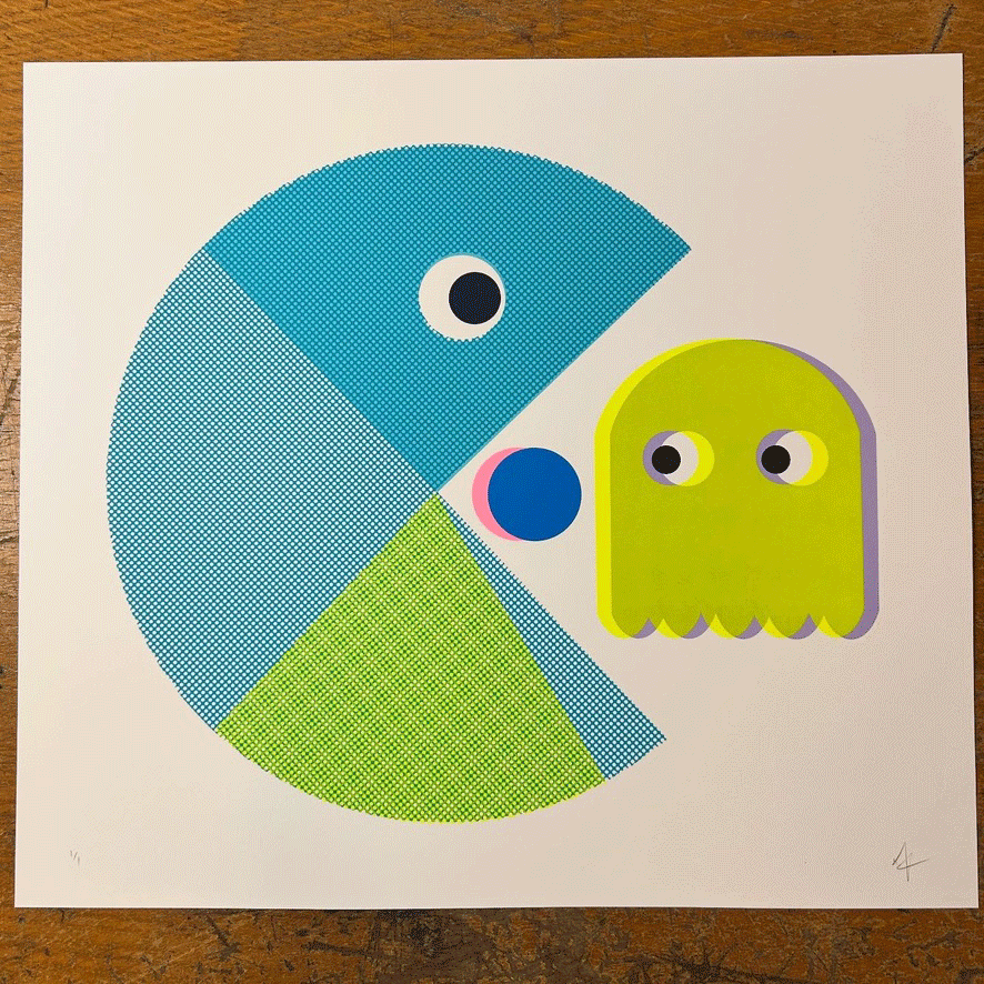 PacMan artwork in neon green and blue