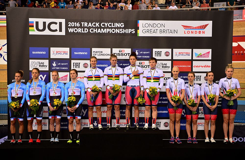 USA team (C) celebrate gold with Canada (L) in second and Great Britain (R) in third in the Women's Team Pursuit