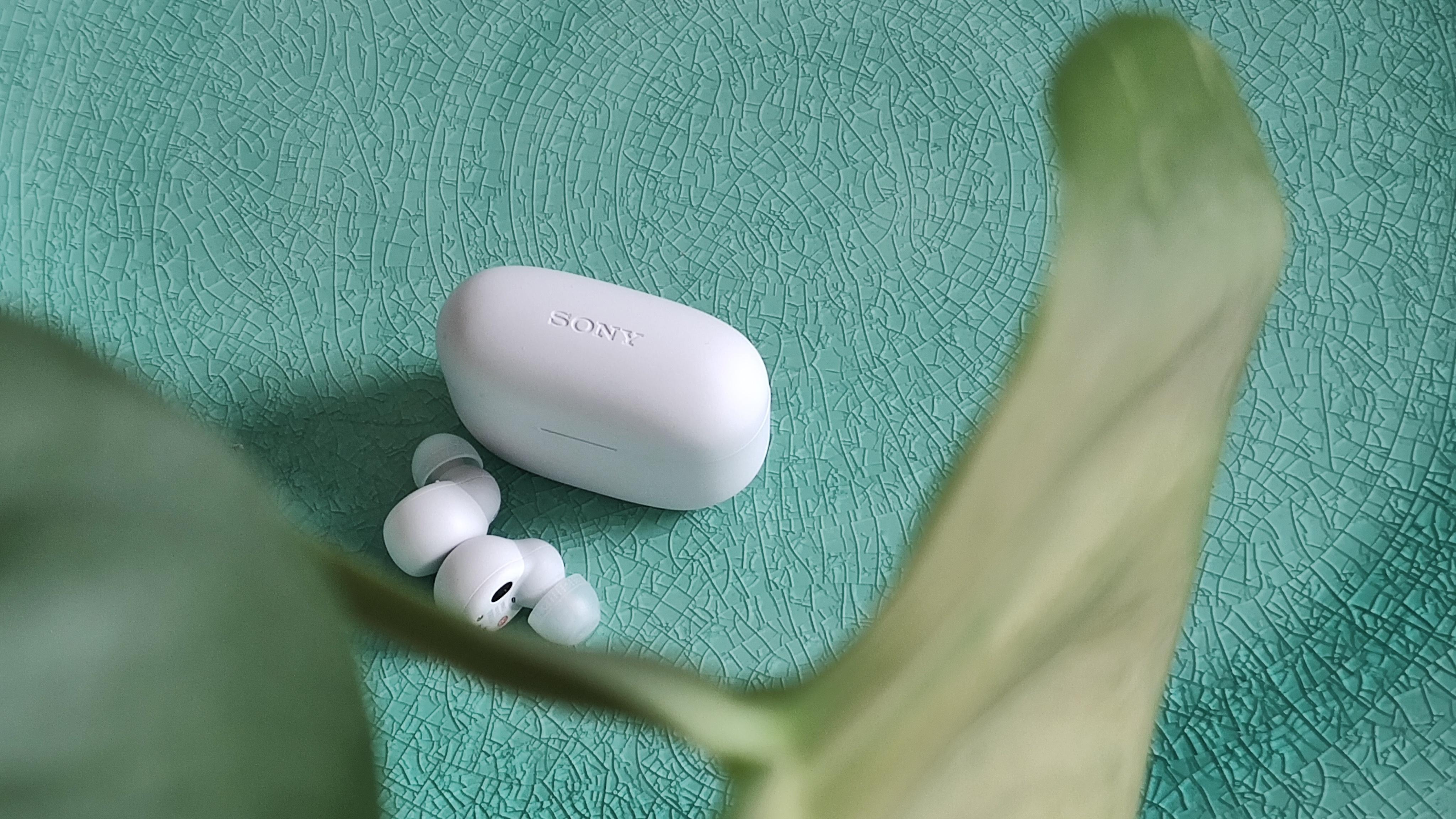 Sony Linkbuds S ligger ved siden af etuiet på et grønt fad