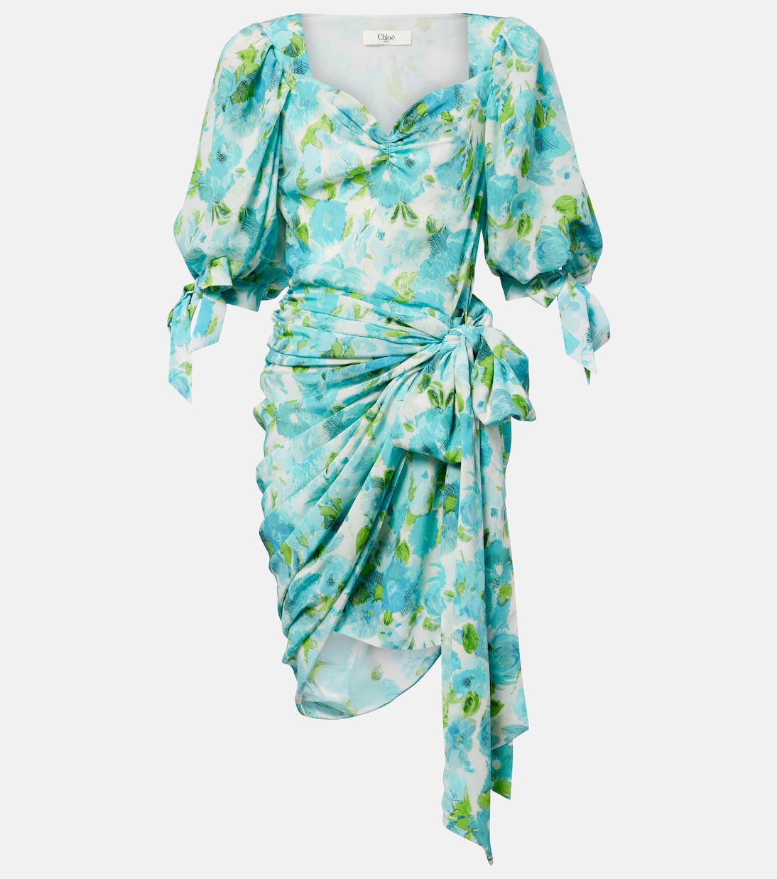 Draped Floral Silk Minidress in Blue - Chloe
