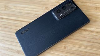 Honor Magic V2 in black PU leather from the back
